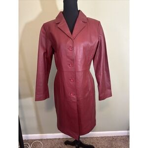 Vintage 90's Leather Jacket Coat Metro Style Red Long Buttons Pockets Women's 6